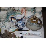 ASSORTED CERAMICS INCLUDING STONEWARE CHEESE DISH AND COVER, BISQUE FIGURE OF YOUNG BOY WITH HAT,