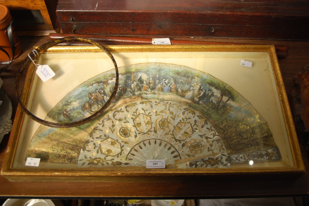 GILT FRAMED MOTHER OF PEARL FAN, TOGETHER WITH A FAUX TORTOISE EMBROIDERY FRAME