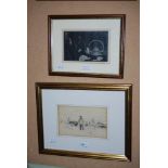 GILT FRAMED PENCIL SKETCH - FIGURES BY BOAT - BY ALEXANDER WILLIAMS, FRAMED WOODCUT DRAWING - MALE
