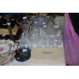 ASSORTED GLASSWARE INCLUDING TRUMPET SHAPED VASE, FRUIT BASKET, EDINBURGH CRYSTAL BUTTER DISHES, ART