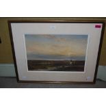 GILT FRAMED WATERCOLOUR - COASTAL SCENE WITH RIDER AND CATTLE AND TOWN IN FOREGROUND, INDISTINCTLY