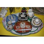 ASSORTED CERAMICS INCLUDING PORCELAIN FLORAL PATTERNED TRAY, WEDGWOOD TRINKET BOXES AND COVERS,