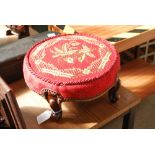 A 19TH CENTURY STAINED MAHOGANY CIRCULAR FOOT STOOL WITH BEADWORK EMBROIDERED TOP