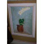 FRAMED OIL ON BOARD - ABSTRACT DRAWING OF FLOWER POT WITH MIXED FOLIAGE