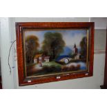 WALNUT FRAMED PAINTING ON GLASS - RIVER SCENE WITH CHURCH IN FOREGROUND