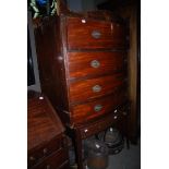 AN EARLY 20TH CENTURY MAHOGANY BOWFRONT SIDE TABLE WITH SINGLE FRIEZE DRAWERS SUPPORTED ON SQUARE