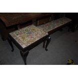 MAHOGANY FRAMED RECTANGULAR SHAPED DRESSING TABLE STOOL WITH FLORAL UPHOLSTERED DROP IN PAD, ON