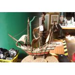 MODEL OF A THREE MAST GALLEON ON STAND