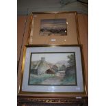 TWO FRAMED WATERCOLOURS BY E. SCORIES - COASTAL SCENE WITH SAILING BOAT AND FARMHOUSE BUILDINGS WITH