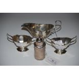 PAIR OF BIRMINGHAM SILVER TWIN HANDLED OCTAGONAL SHAPED SALTS, SHEFFIELD SILVER SAUCE BOAT AND