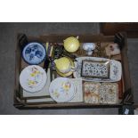 BOX - ASSORTED CERAMICS AND BRASSWARE INCLUDING TEA WARES, SWEET MEAT DISH, BRASS HANDLES,