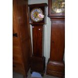 MAHOGANY CASED GRANDMOTHER CLOCK WITH BRASS AND ENAMELLED DIAL WITH ROMAN NUMERALS