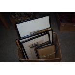 BOX - ASSORTED FRAMED BLACK AND WHITE ETCHINGS, TOGETHER WITH THREE BIRD PICTURES