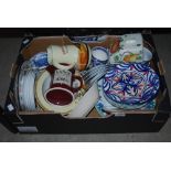BOX - ASSORTED CERAMICS INCLUDING ADVERTISING JUGS, BLUE AND WHITE TRANSFER PRINTED TEA WARES,