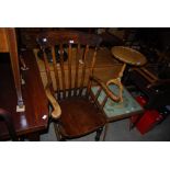 STAINED PINE SPAR BACK KITCHEN ARMCHAIR TOGETHER WITH WALNUT CIRCULAR WINE TABLE AND SQUARE SHAPED