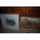 FRAMED WATERCOLOUR DRAWING OF A WILD CAT, GILT FRAMED WATERCOLOUR DRAWING OF ASSORTED GARDEN BIRDS