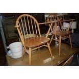 FIVE ERCOL SPAR BACK DINING CHAIRS COMPRISING OF TWO CARVERS AND THREE SIDE CHAIRS