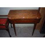 19TH CENTURY MAHOGANY INLAID TURNOVER CARD TABLE SUPPORTED ON SQUARE TAPERED LEGS