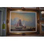 GILT FRAMED OIL ON CANVAS - SAILING BOATS BY SHORE