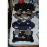 FOUR ASSORTED INK STANDS COMPRISING PAPIER MACHE INK STAND WITH GLASS INK WELLS, T. GOODE & CO LTD