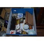 BOX - ASSORTED ITEMS INCLUDING TRINKET BOXES, BRASS BELT BUCKLE, DESK BLOTTER, TEA BOWLS, ETC.