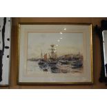 GILT FRAMED WATERCOLOUR DRAWING - THE QUAYSIDE BY PAUL KNOX