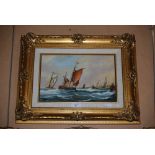 GILT FRAMED OIL ON BOARD - SAILING SHIPS - BY F. VAN HOLLES