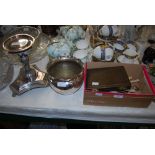 COLLECTION OF ASSORTED EP WARES INCLUDING PLATED COMMEMORATIVE COMPORT STAND, ENGRAVED KING EDWARD