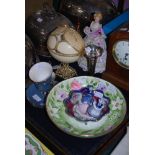 ASSORTED CERAMICS AND METAL WARES INCLUDING PORCELAIN FIGURE OF A LADY WITH PARASOL, FLORAL
