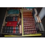 TWO BOXES OF LEATHER BOUND BOOKS INCLUDING WORKS BY BYRON, MACAULEYS HISTORY OF ENGLAND, ETC.