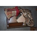 BOX - ASSORTED ITEMS INCLUDING EMBROIDERED JACKET, MACHINE WOVEN PANEL, KEY BOARD CABINET,