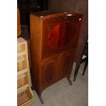 20TH CENTURY MAHOGANY INLAID FALL FRONT WRITING DESK WITH TWO PANELLED DOORS SUPPORTED ON FOUR SWEPT