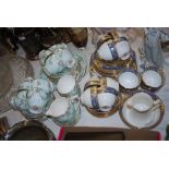 QUEEN ANNE BLUE AND GILT PATTERNED TEA SET, TOGETHER WITH A COURT CHINA WHITE, FLORAL AND GILT