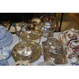 ASSORTED EP WARES INCLUDING SPIRITS KETTLE ON STAND, COFFEE POT, TWO TIER CAKE STAND, SAUCE