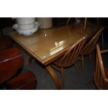 STAINED OAK RECTANGULAR SHAPED REFECTORY TABLE WITH GLASS TOP