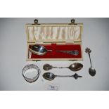 SHEFFIELD SILVER SPOON IN PRESENTATION CASE, BIRMINGHAM SILVER NAPKIN RING, THREE ASSORTED SILVER