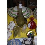 ASSORTED ART GLASSWARE INCLUDING CAITHNESS GLASS PAPERWEIGHT, SCENT BOTTLE WITH BIRD STOPPER,