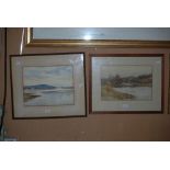 TWO FRAMED WATERCOLOUR DRAWINGS BY DOROTHY BROWN - COASTAL SCENE WITH VILLAGE IN FOREGROUND