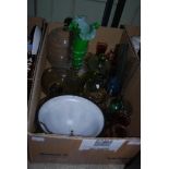 BOX - ASSORTED GLASSWARE INCLUDING GLASS LIGHT FITMENT, GREEN TINTED JAR AND COVER, SUNDAE DISHES,
