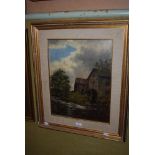 GILT FRAMED OIL ON CANVAS - WATER MILL - UNSIGNED