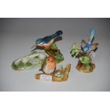 CROWN STAFFORDSHIRE KINGFISHER FIGURE GROUP, ANOTHER ONE BIRD AND NEST AND A BISQUE MODEL OF A ROBIN