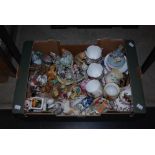 BOX - ASSORTED ITEMS INCLUDING ANIMAL FIGURINES, TEA WARE, FLORAL POSIES, ETC.