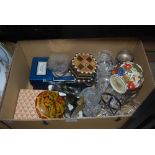 BOX - ASSORTED CERAMICS AND GLASSWARE INCLUDING ROYAL WORCESTER EGG CODDLERS, GLASS HAND BELL,