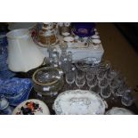 ASSORTED GLASSWARE INCLUDING THREE DECANTERES AND STOPPERS, GLASS EWER AND STOPPER, GLASS FRUIT