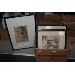 BOX - FOUR FRAMED BLACK AND WHITE ETCHINGS, THREE FRAMED BIRD PRINTS