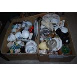 TWO BOXES - ASSORTED CERAMICS AND GLASSWARE INCLUDING TEA WARES, DOG FIGURES, ETCHED GLASSWARE,