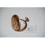 YELLOW METAL CASED ELGIN HUNTER CASED POCKET WATCH WITH WHITE ROMAN NUMERAL DIAL AND SUBSIDIARY