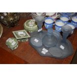 BLUE TINTED GLASS DRESSING TABLE SET, TOGETHER WITH FOUR PIECES OF GREEN WEDGWOOD JASPER WARE