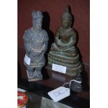 BRONZE FIGURE OF BUDDHA SEATED ON LOTUS THRONE, BLACK POTTERY FIGURE OF A CHINESE WARRIOR AND A