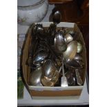 BOX - ASSORTED PLATED FLATWARE, TOGETHER WITH SOME STAINLESS STEEL FLATWARE